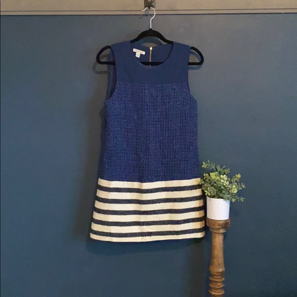 Boston Proper Navy & Cream Dress w Gold Zipper